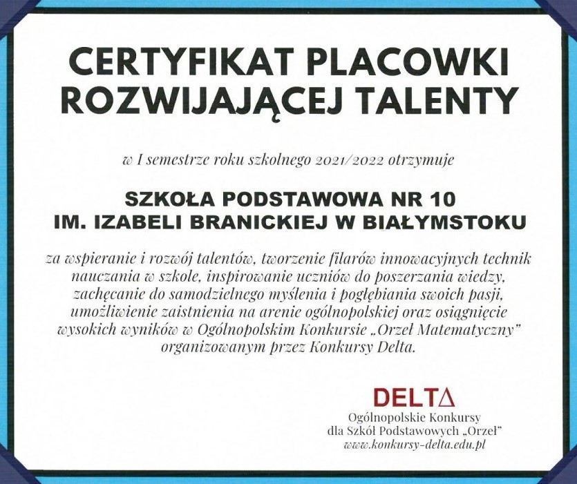 certyfikat placówki rozwijającej talenty